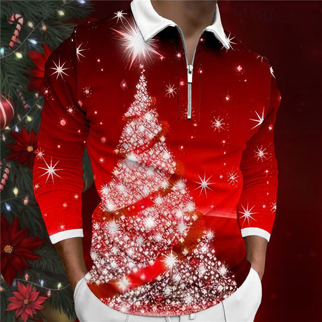  kerstmis heren kersttafereel 3d rits polo boom casual rits golf lange mouw outdoor casual dagelijks streetwear herfst&winter 3d print turndown rits wijn polyester