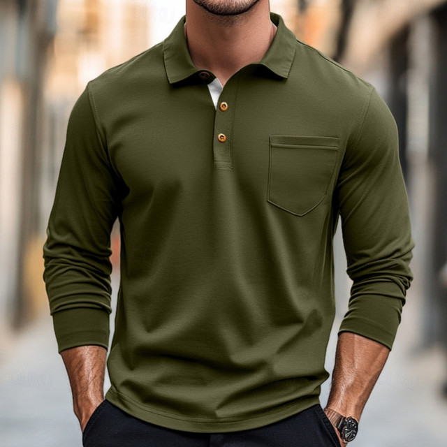  100% Cotton Men's Polo Shirt Golf Polo Formal Work Classic Long Sleeve Color Block Button Summer Spring & Fall Army Green Dark Grey Black Burgundy Navy Blue Polo Shirt