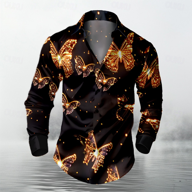  Men's Butterfly Satin Shirt Dress Shirt Button Up Shirt Long Sleeve Fashion Casual Vacation Party Evening Wear Dailywear Summer Spring Fall Collared Shirts 3D Print Black