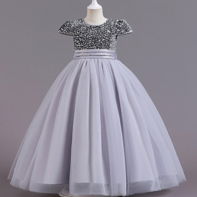 Vestido de Niña Florista niños Chica vestido de princesa Rendimiento Boda Fiesta Elegante Hermosa Lentejuelas Malla Color sólido Manga Corta Cuello Barco Rosa Rojo 4 años +