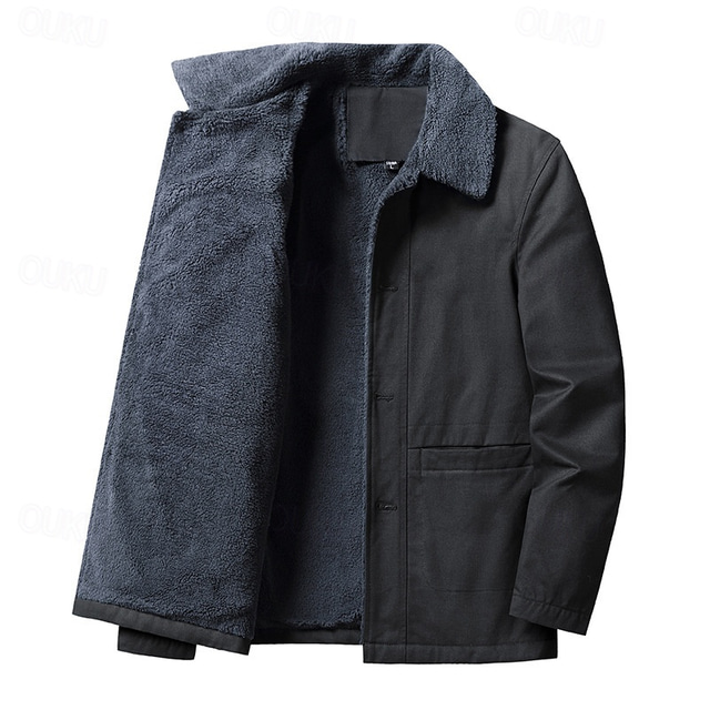 Men's Winter Jacket Fleece Jacket Sherpa Jacket Daily Vacation Thermal Warm Pocket Fleece Fall & Winter Plain Fashion Streetwear Lapel Regular Black Khaki Army Green Jacket