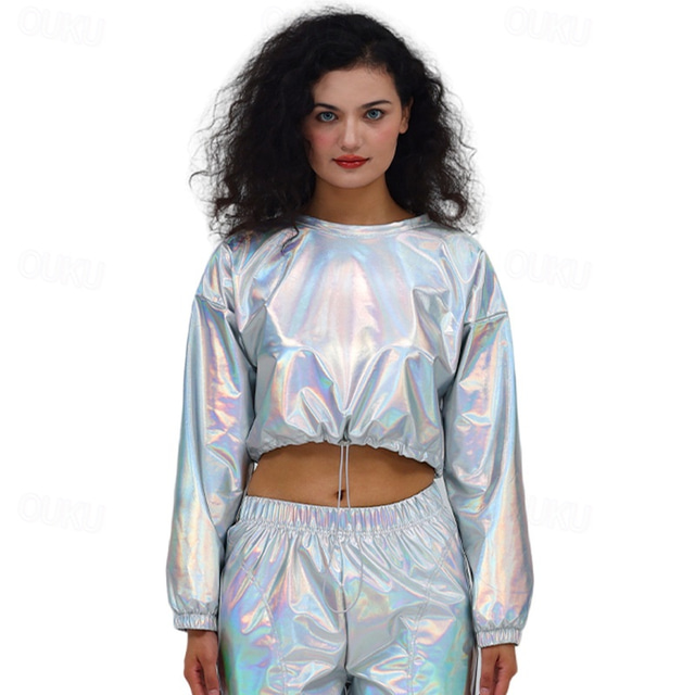  1980er HipHop Glänzend Metallisch Bauchfreies Top Sweatshirt Disco Kostüm Damen Karnevalskostüm Karneval Leistung Party Pride Parade Erwachsene Oberteil
