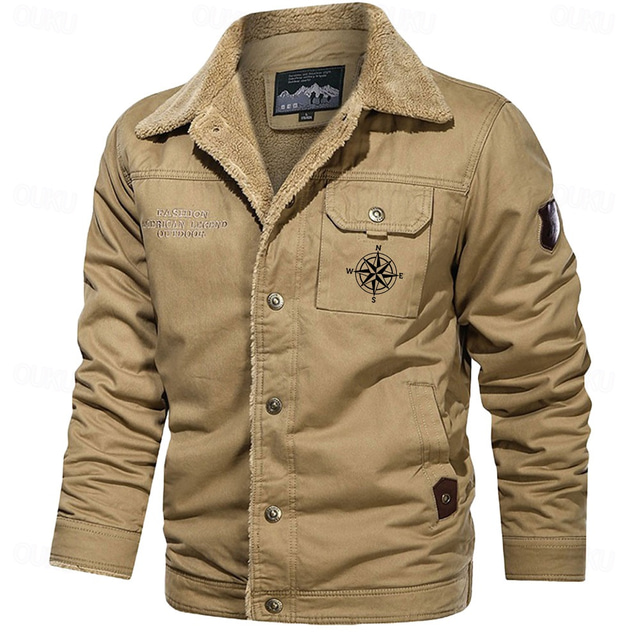  Men's Compass Print Embroidered Fleece Jacket Sherpa Trucker Jacket Work Cargo Jacket Turn-Down Collar Warm Winter Cotton Jacket Vintage Casual Going Out Coat Multi-Pockets