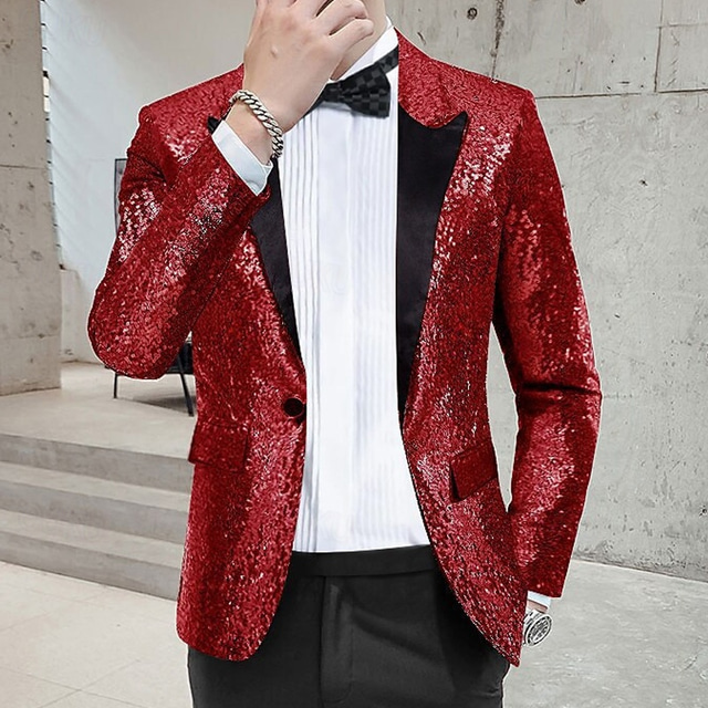  Homens Blazer O negócio Coquetel Festa de Casamento Moda Casual Primavera & Outono Poliéster Tecido Botões Bolsos Confortável Não Trespassado Jaqueta esporte Prata Preto Branco Vermelho