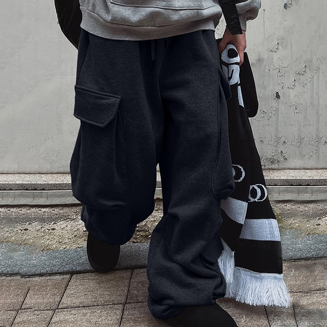  Men's Fleece Pants Sweatpants Joggers Trousers Cargo Sweatpants Drawstring Elastic Waist Multi Pocket Plain Comfort Warm Full Length Outdoor Casual Daily Sports Fashion Black Light Grey