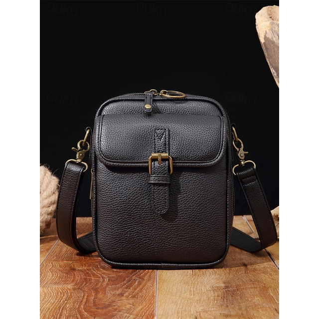  Women's Vintage Brown Faux Leather Crossbody Bag with Front Buckle Detail – Compact and Stylish Design