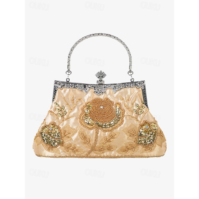  Women's Vintage Green Velvet Handbag with Beaded Floral Embroidery and Metal Frame – Elegant Evening Bag