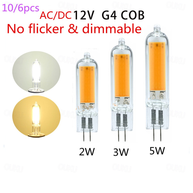  Dimmable No Flicker G4 COB Glass LED Bulbs, 2W/3W/5W AC/DC12V, Crystal Light Bulb for Lampada, Lampara, Chandelier Lighting 6/10pcs