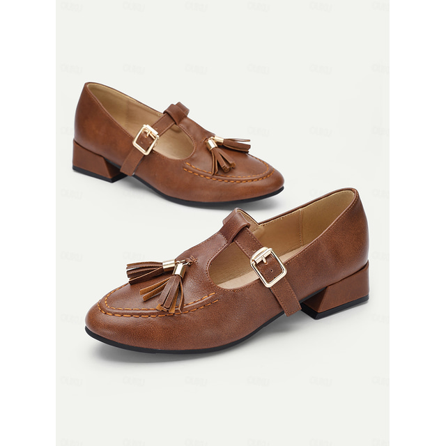  Women's Brown T-Strap Loafers with Tassel Accents - Retro Low Block Heel Shoes for Casual and Vintage Style