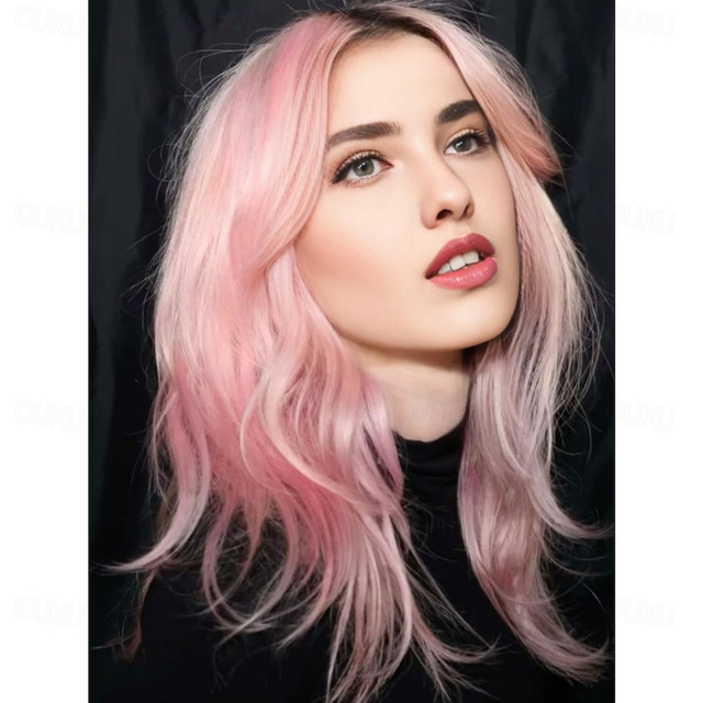  Megan Fox Inspired Wig Wavy Asymmetrical Wig Medium Length Pink Synthetic Hair Women's Fashionable Design Soft Natural Pink