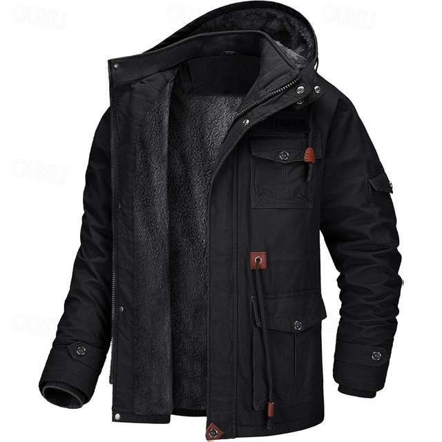  Men's Trucker Jacket Fleece Jacket Cargo Jacket Hoodie Jacket Vacation Daily Thermal Warm Pocket Fleece Fall & Winter Plain Fashion Streetwear Hooded Regular Black Brown Army Green Jacket