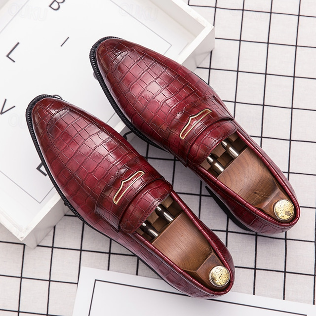  Men's Blue and Red Crocodile-Embossed Faux Leather Loafers – Sleek Slip-On Design with Metal Accent for Christmas, Formal and Business Wear