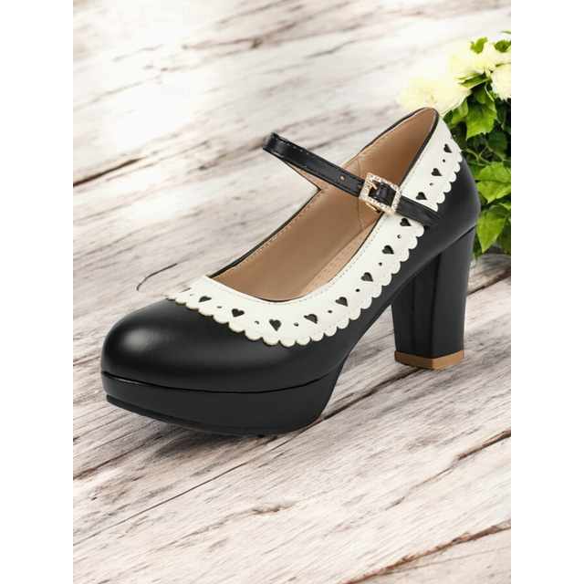  Women's Black and White Mary Jane Platform Heels with Decorative Buckle Strap – Elegant Retro-Inspired Footwear for Formal and Special Occasions
