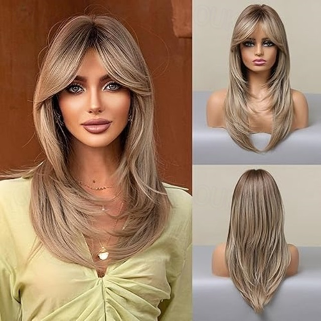  Wigs for Women Long Straight Layered Hair Wig with Bangs Heat Resistant Synthetic Cosplay Party Wig