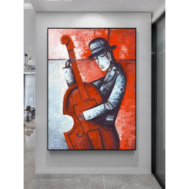  3 Pieces Hand-painted Abstract Picasso Man Playing Musical Instrument Handmade Grace Woman Oil Painting on Canvas Nordic Jazz Violin Home Decor Modern Rolled Canvas (No Frame)