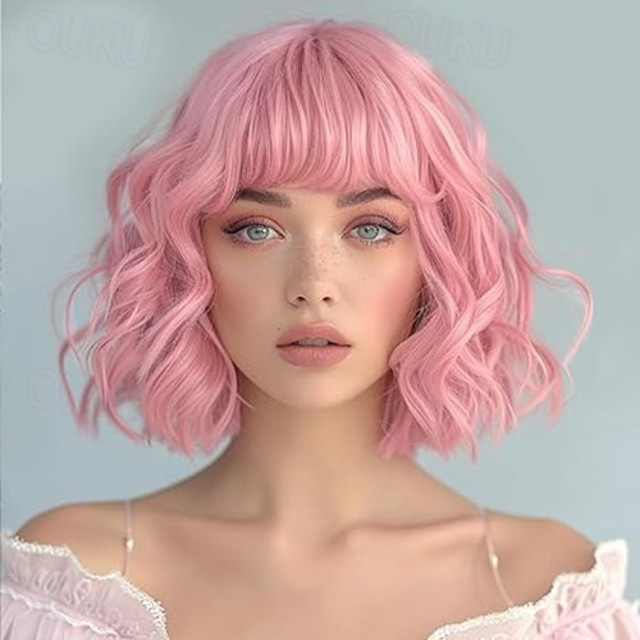  Wigs for Women Short Wavy Wig with Bangs Wig with Dark Roots Medium Length Natural Synthetic Hair for Daily Party& Cosplay