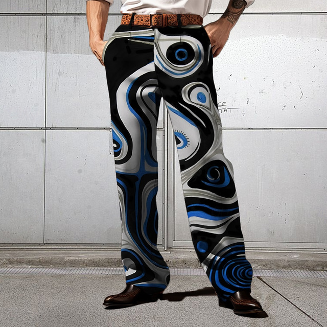  Men's Lines / Waves Dress Pants Mid Waist Casual Outdoor Home Dailywear Zipper Pocket Straight Leg Trousers Summer Spring Fall 3D Print Black Red Blue
