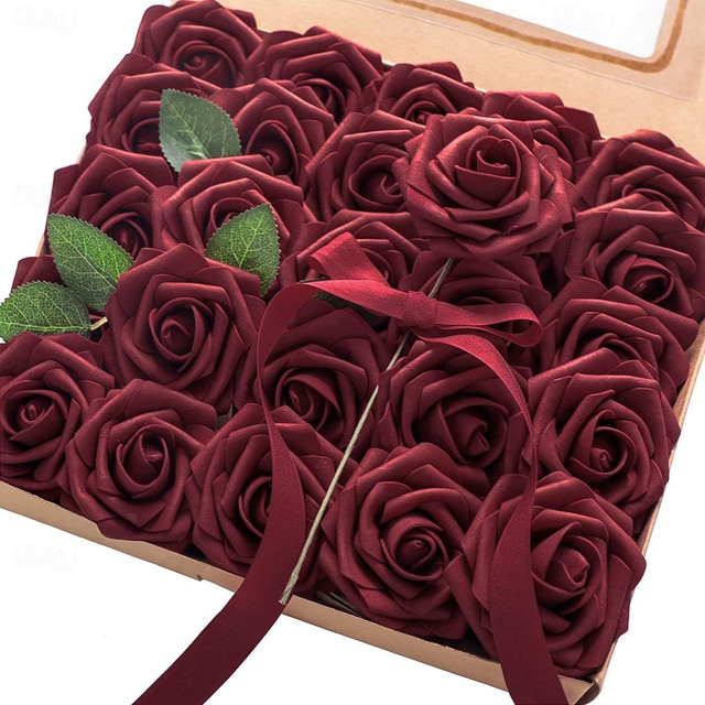  25pcs/set Artificial Flowers Wedding Decoration Rose Bouquets Valentine's Day Gift Real Looking Ivory Foam Fake Roses with Stems for DIY Wedding Bouquets White Bridal