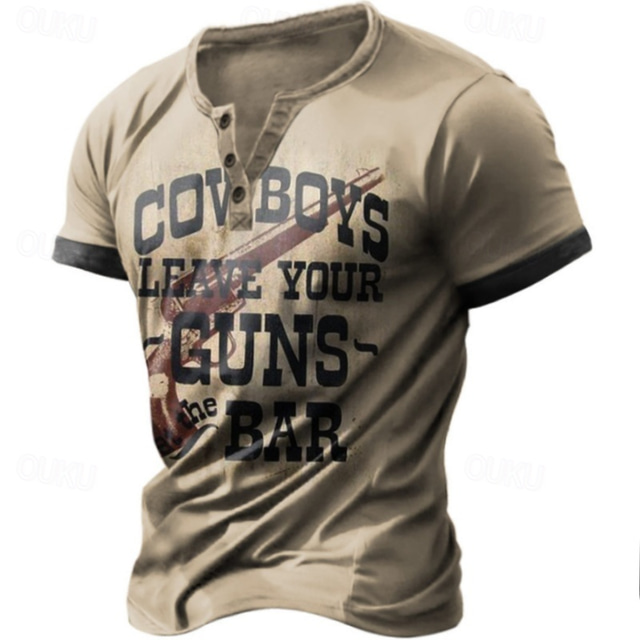  Férfi Grafika Cow Boy Póló Henley ing Rövid ujjú Retró Utca Hétköznapi Napi Nyár Tavasz Khakizöld Henley Henley póló