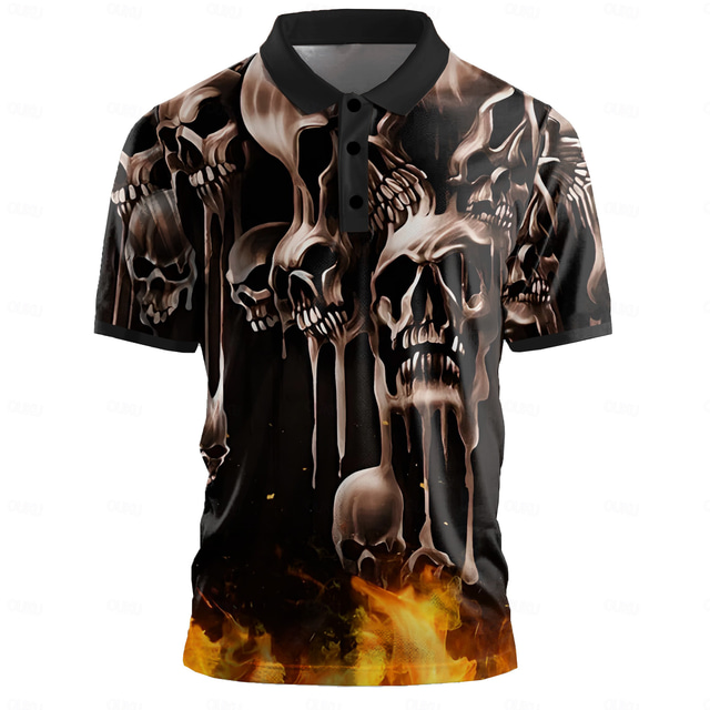  Hombre Cráneos Camisetas polo Camisetas polo de golf Manga Corta Camisas de polo Cuello Horror Vacaciones Ropa de fiesta de noche Uso Diario Botones Impresión 3D Verano Negro