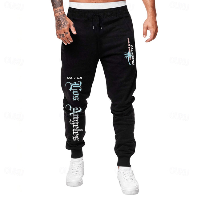  Herr Los Angeles Joggingbyxor Joggare Byxor Medium Midja Dragsko Elastisk midja Mode Ledigt Utomhus Gata Vardag Ficka Vår Höst Vinter 3D-tryck Svart