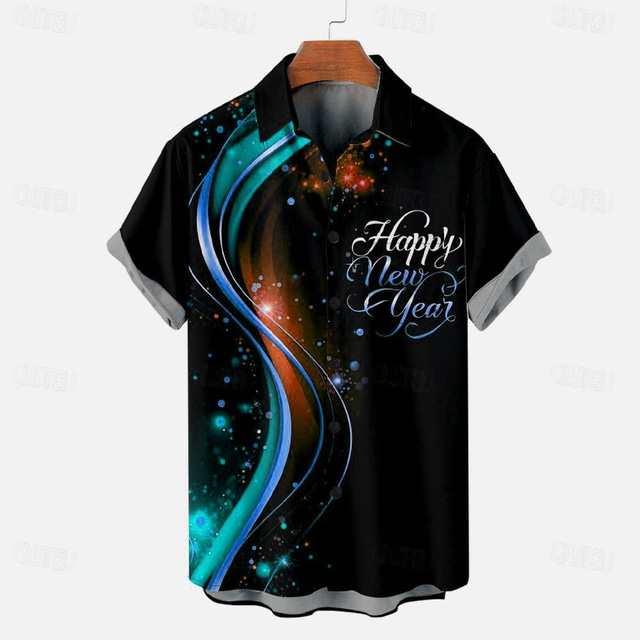  Men's Letter Printed Happy New Year Summer Hawaiian Shirt Bowling Shirt Button Up Shirt Short Sleeve Hawaiian Casual Vacation New Year Daily Summer Turndown Button Up 3D Print Black Blue