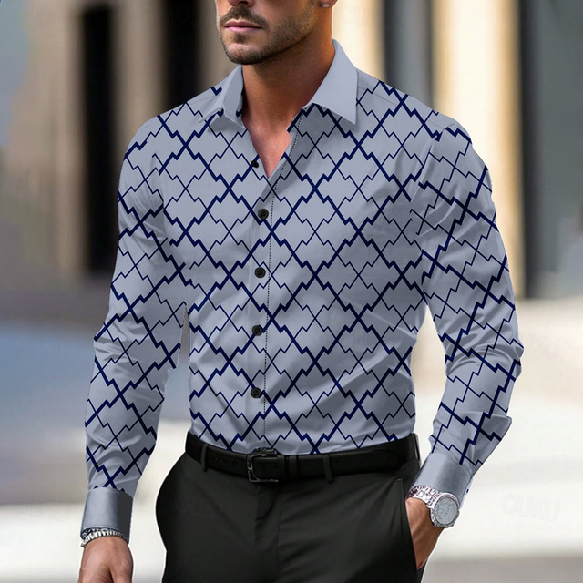  Men's Plaid Geometic Shirt Dress Shirt Button Up Shirt Long Sleeve Casual Fashion Casual Formal Party Daily Spring Fall Turndown Gray