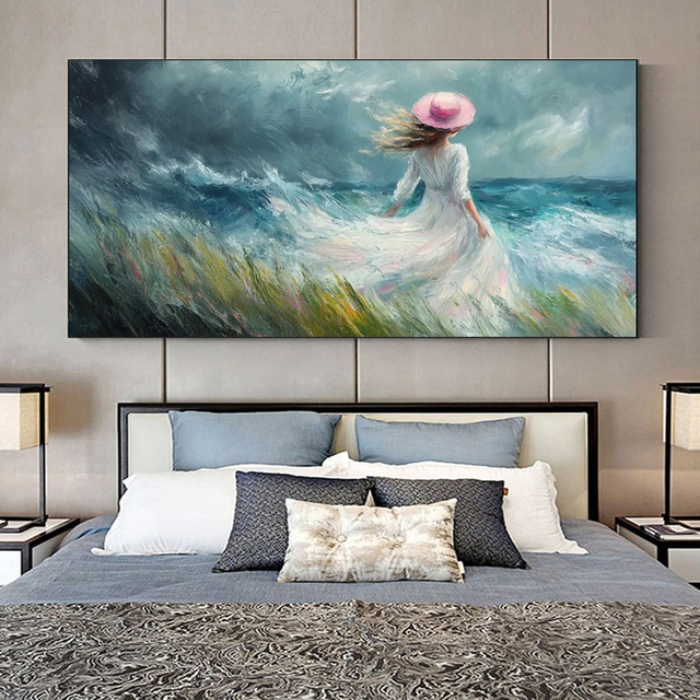  handpaint moderní abstraktní obraz na plátně dáma v bílé barvě u moře umění krásná žena portrétní obrazy domácí dekorace do obývacího pokoje bez rámu
