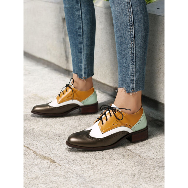  Women's Multicolor Brogue Oxford Shoes with Chevron Pattern and Contrasting Faux Leather Panels – Vintage-Inspired Lace-Up Flats
