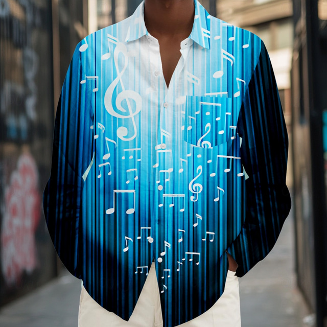  Men's Ombre Musical Notes Shirt Button Up Shirt Long Sleeve Casual Traveling Summer Spring Fall Turndown Pocket Blue