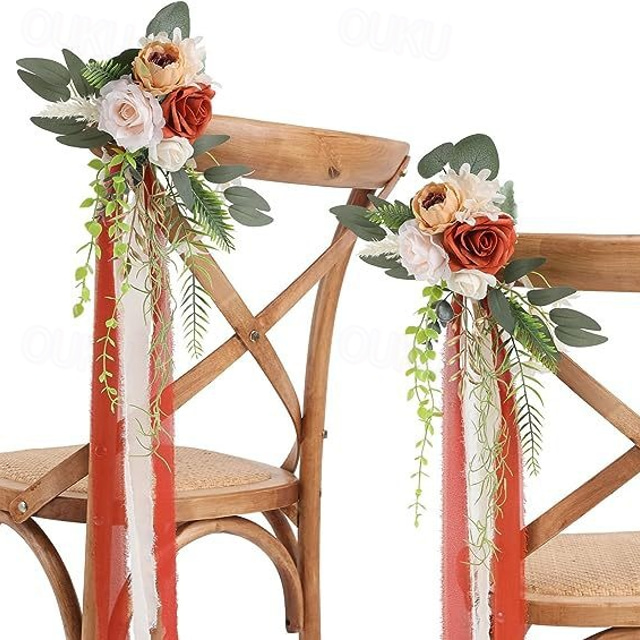  Wedding Aisle Decorations White Pew Flowers for Wedding Ceremony Party Chair Decor with Artificial Flowers Eucalyptus and Ribbons