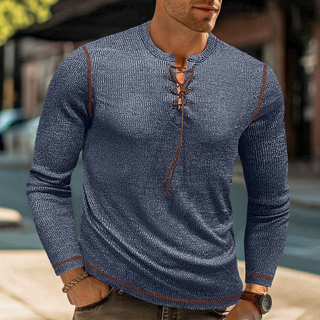  Men's Waffle T-shirt T Shirt Waffle Henley Shirt Tee Top Long Sleeve Crew Neck Spring &  Fall Solid Color Daily Casual Street Style Drawstring Outdoor Street Causal Black Blue Gray Top Tee for Men