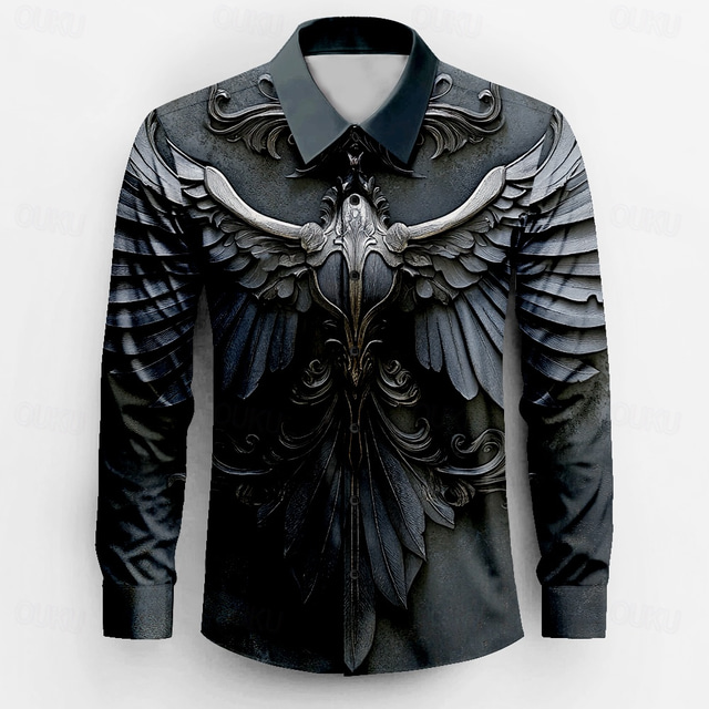  Men's Wings Button Up Shirt Long Sleeve Fashion Casual Dark Party Evening Wear Street Daily Fall Winter Spring & Summer Shirt Collar Button Up 3D Print Ink Blue
