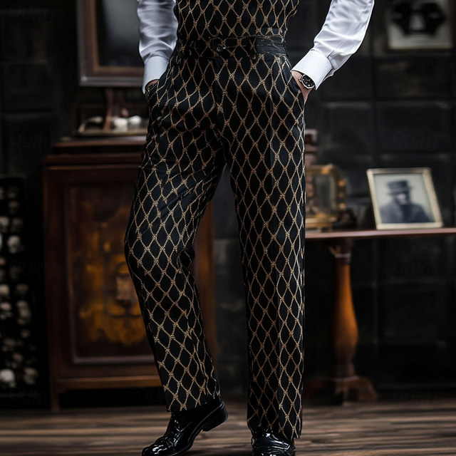  Herr Geometriska mönster Romb Kostymbyxor Medium Midja Business Casual Formell Bröllop Vardag Dragkedja Ficka Byxor med raka ben Sommar Vår Höst 3D-tryck Svart