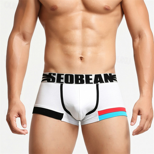  Homens 1 pc Cueca Boxer Boxers Patchwork Elastano Respirável Macio Confortável Bloco de cor Letra Cintura Média Preto Branco