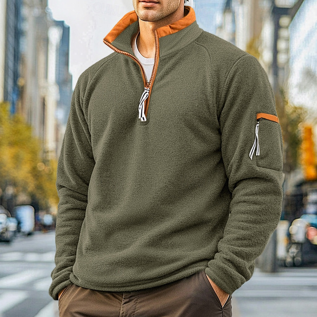  Men's Sweatshirt Polar Fleece Quarter Zip Sweatshirt Black Army Green Navy Blue Khaki Half Zip Plain Pocket Sports & Outdoor Daily Holiday Streetwear Cool Casual Spring &  Fall Clothing Apparel