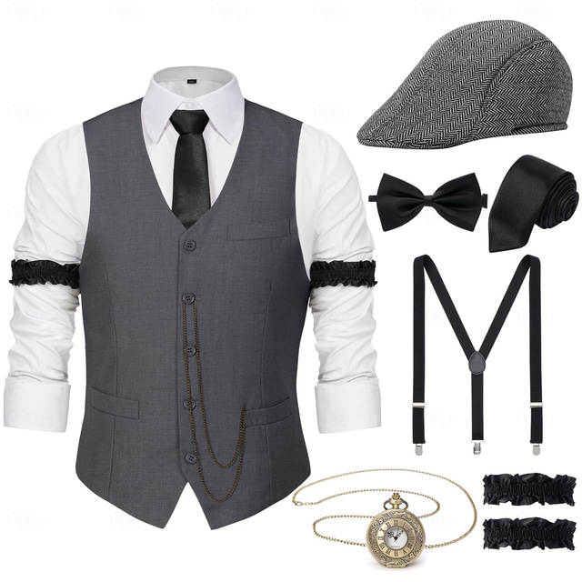  Retro Vintage Roaring 20s 1920s Outfits Waistcoat Accessories Set Gentleman Gangster Men's Carnival Costume 8 PCS Christmas Halloween Carnival Masquerade Cocktail Party Theme Party Adults' Cravat