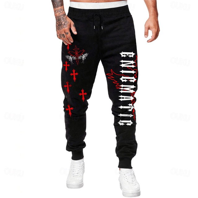  Herr Kors Joggingbyxor Joggare Byxor Medium Midja Dragsko Elastisk midja Mode Mörk Utomhus Gata Vardag Ficka Vår Höst Vinter 3D-tryck Svart