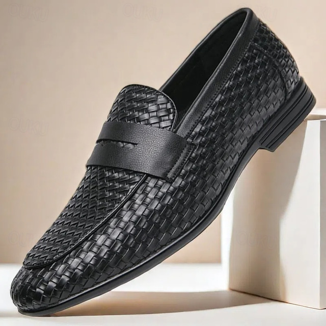  braune Pennyloafer aus Kunstleder für Herren mit gewebtem Obermaterial und Gummisohle – bequem und stilvoll für Business-Casual- oder Smart-Casual-Outfits