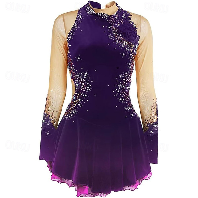  Figure Skating Dress Women's Girls' Ice Skating Dress Dark Green High Elasticity Training Competition Skating Wear Classic Crystal / Rhinestone Long Sleeve Ice Skating Figure Skating