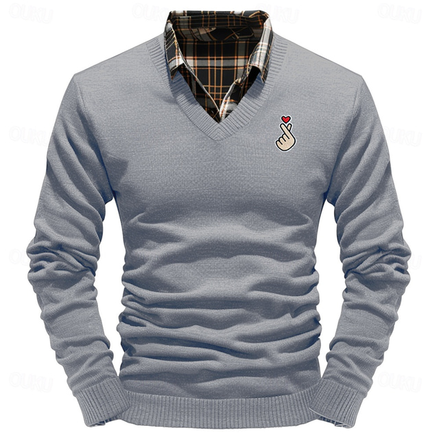  Christmas Men's LOVE Gesture Pullover Sweater Jumper V Neck Casual Party Evening Wear Daily New Years Eve Sweater Embroidered Knitting Warm Long Sleeve Fall Winter Wine Black White