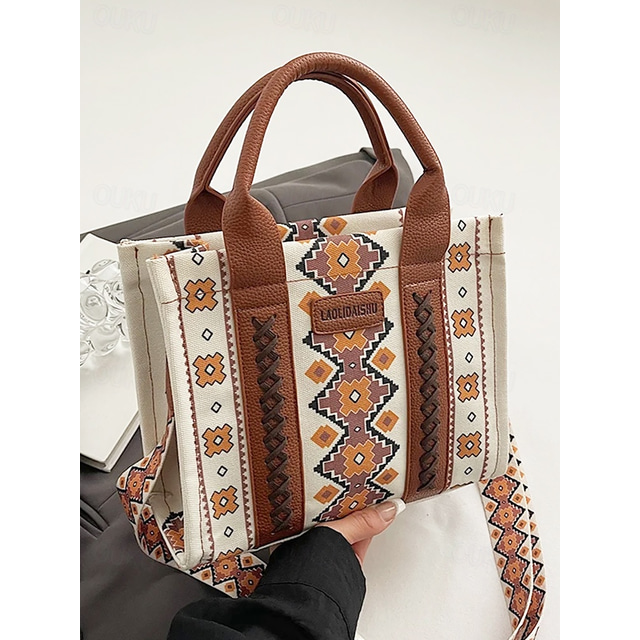  Women's Boho Ethnic Print Tote Bag – Vintage-Inspired Canvas Handbag with Leather Accents, Ideal for Casual Outings and Everyday Use