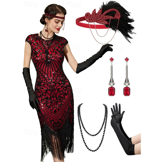  1920er Cocktailkleid Vintage-Kleid Midlänge Flapper Kleid Outfits Cocktailkleid Der große Gatsby Flapper-Mädchen Hochzeitsgast Pailletten Feder Fransen Damen Karnevalskostüm 7 STK Weihnachten