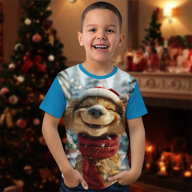  Christmas Boys 3D Graphic Animal Dog Christmas T shirt T shirt Tee Short Sleeve Summer Spring Fashion Basic Polyester Kids 4-12 Years Crew Neck Outdoor Casual Daily Regular Fit