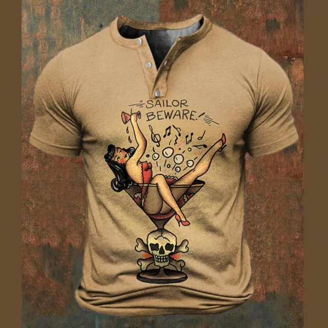  Férfi Grafika Póló Henley ing Rövid ujjú Retró Utca Hétköznapi Napi Nyár Tavasz Khakizöld Henley Henley póló