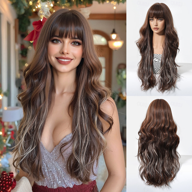  Synthetic Wig Uniforms Career Costumes Princess Curly Body Wave Layered Haircut Neat Bang With Bangs Machine Made Wig 26 inch Light Brown Synthetic Hair Women's Cosplay Party Fashion Light Brown