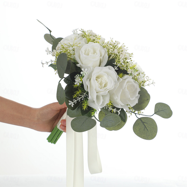 Wedding Bouquets for Bride, Artificial Silk Flower Eucalyptus and Rose ...