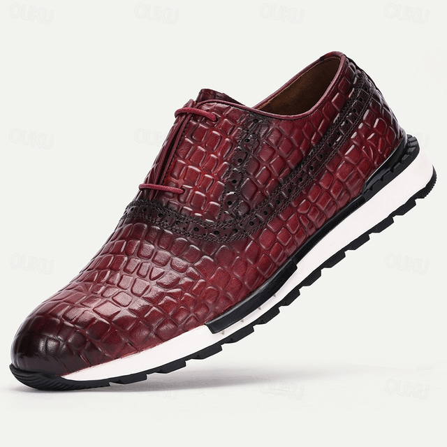  Men's Premium Cowhide Leather Sneakers with Crocodile Pattern and Lace-Up Design – Stylish Casual and Sporty Footwear