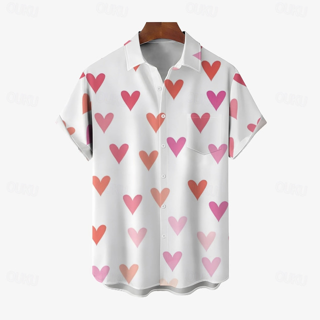  Valentine's Day Men's Heart Casual Shirt Button Up Shirt Short Sleeve Casual Party Gift Casual Summer Spring Turndown Button Up Pink