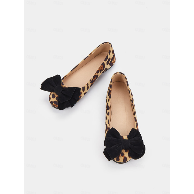  Women's Leopard Print Ballet Flats with Black Bow - Comfortable and Chic Perfect for Casual Days and Work Wear